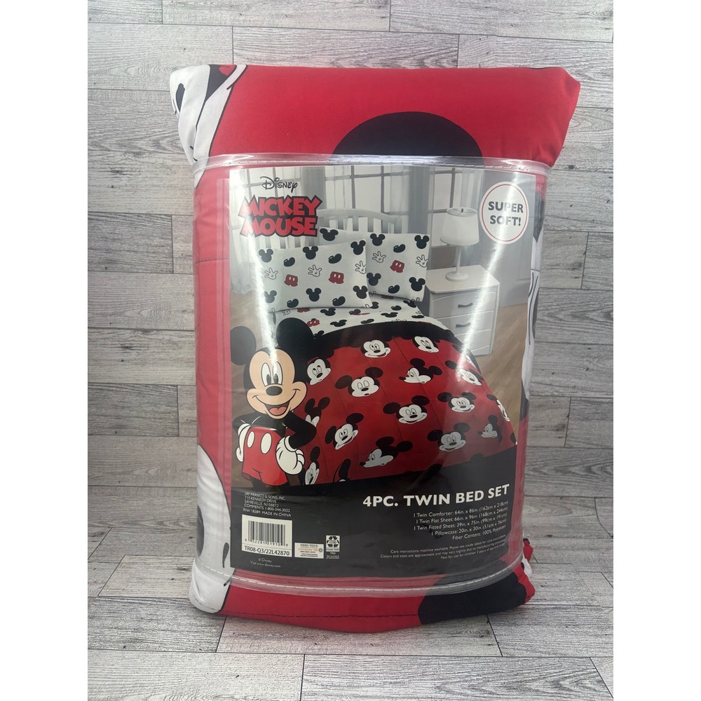 Disney Mickey‎ Mouse 4 Pc Twin Bed Set Comforter Sheets Red Black Cute Faces NEW
